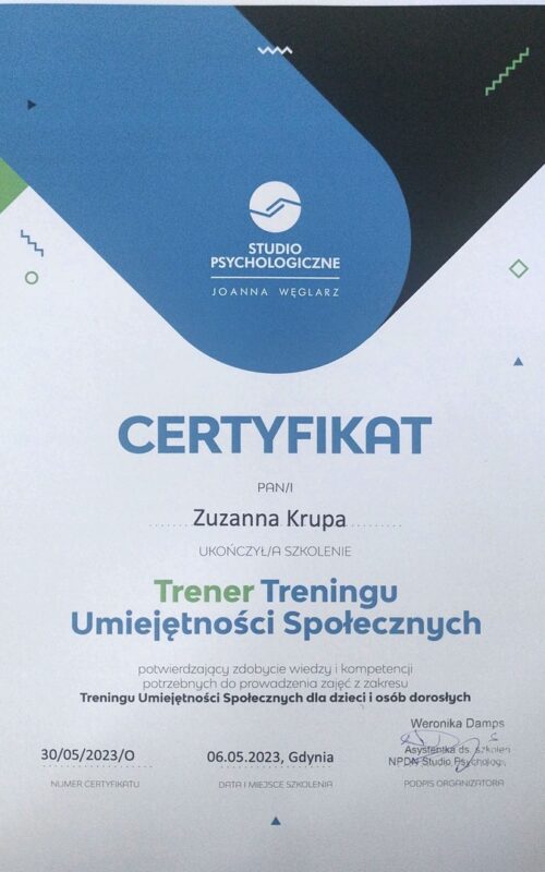 Certyfikat Trener Treningu umiejętności społecznych