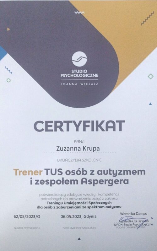 Certyfikat Trener TUS osób z autyzmem i zespołem Aspargera