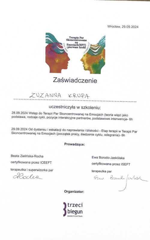 Zaświadczenie ukończenia szkolenia Zuzanna Krupa