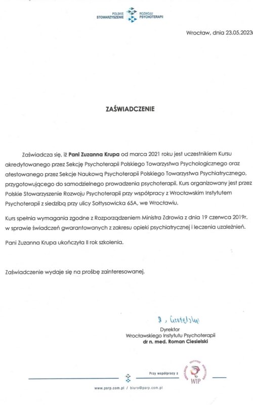 Certyfikat Z. Krupa