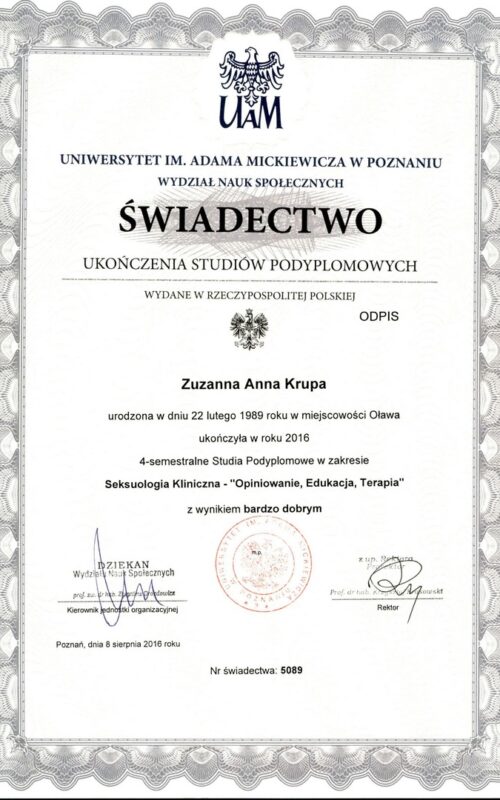Świadectwo ukończenia studiów podyplomowych z seksuologii Z. Krupa S